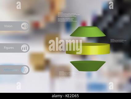 3D illustration infographic template with motif of round octagon horizontally divided to three green slices with simple sign and text on side in bars. Stock Vector