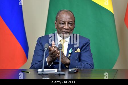 President of the Republic of Guinea Alpha Conde during a signing ceremony with Russian President Vladimir Putin in the Kremlin September 28, 2017 in Moscow, Russia. Stock Photo