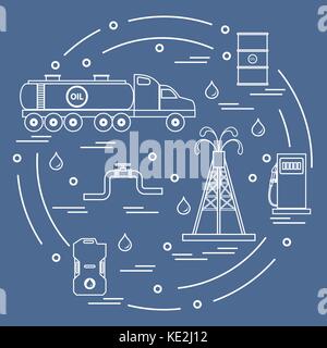 Cute vector illustration of  oil tanker, equipment for oil production, canister of gasoline, barrels with oil, gas station arranged in a circle. Desig Stock Vector