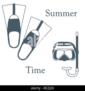 Stylized icon of a colored mask, tube and flippers for a scuba diving. Sports and recreation theme. Design for banner, poster or print. Stock Vector