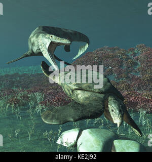 Tylosaurus proriger preying on a giant Archelon sea turtle. Stock Photo