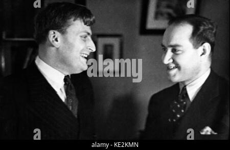 Yehudi Menuhin and David Oistrakh - portrait of the American born British violinist and conductor and the Russian violinist in Moscow, 1945. YH: 22 April 1916 - 12 March 1999. DO:30 September 1908 - 24 October 1974. Stock Photo