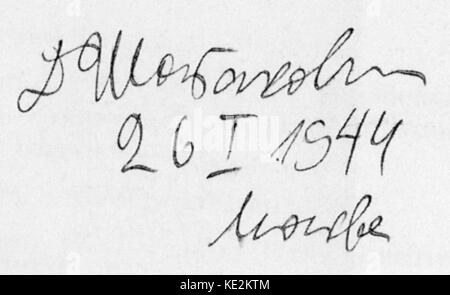 Dmitri Shostakovich 's signature 26 January 1944, Moscow.  Russian composer, 25 September 1906 - 9 August 1975.  Schostakowitsch Stock Photo