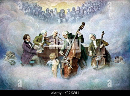 Schubert 's quintet playing in heaven with Mozart (violin), Bach (violin), Haydn (double bass) and Christoph Willibald Gluck (cello). In the audience are Beethoven, Wagner, Schumann, Liszt, Mendelssohn. Angel / cherubs. Printed 1928. Franz Schubert: Austrian composer, 31 January 1797 - 19 November 1828. Heavenly. Wolfgang Amadeus Mozart: Austrian composer, 27 January 1756 - 5 December 1791. Johann Sebastian Bach: German composer & organist, 21 March 1685 - 28 July 1750. Haydn: Austrian composer, 31 March 1732 - 31 May 1809. Christoph Gluck: Bohemian-German composer, 12th July 1714 - 15th Novem Stock Photo