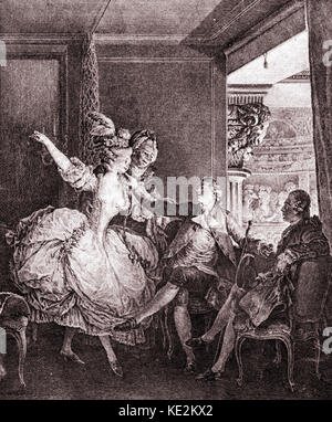 (Jean Michel) Moreau le Jeune 's drawing 'La vie d'un petit maitre' - La Loge à l'Opéra.   The mores and customs of Paris at the time of Louis XVI, 1782. A man is greeting a woman in an opera box. French painter, draftsman,  printmaker,  1741 - 1814. Stock Photo