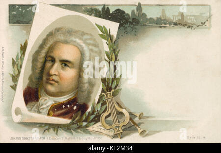 Johann Sebastian Bach - German composer and organist. Illustration on postcard with laurel wreath, instruments and score 21 March 1685 - 28 July 1750 Stock Photo