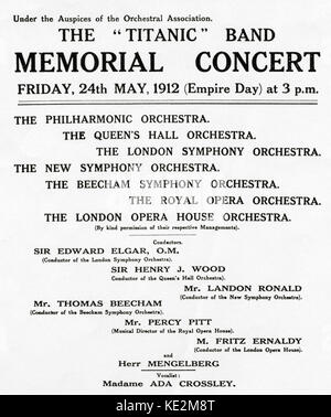 The 'Titanic' Band Memorial Concert Programme , Friday 24th May 1912 - a festival / series of concerts involving the Concertgebouw Orchestra of Amsterdam and the London orchestras: the Philharmonic, Queen's Hall Orchestra, London Symphony Orchestra, New Symphony Orchestra, Beecham Symphony Orchestra, Royal Opera Orchestra, London Opera House Orchestra, and the conductors: Edward Elgar, Sir Henry Wood, Landon Ronald, Thomas Beecham, Percy Pitt, Fritz Ernaldy, Willelm Mengelberg. Stock Photo