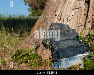 pile of jeans in front of tree trunk Stock Photo