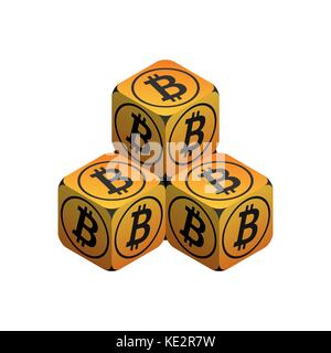 Bitcoin. Orange Small Bitcoin Pyramid. Isometric Pyramid consisting of Cubes with Black Bitcoin Sign on the Sides. Isolated Cubic Figure on White back Stock Vector
