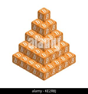 Bitcoin. Orange Large Bitcoin Pyramid. Isometric Pyramid consisting of Cubes with White Bitcoin Sign on the Sides. Isolated Cubic Figure on White back Stock Vector