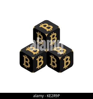 Bitcoin. Black Small Bitcoin Pyramid. Isometric Pyramid consisting of Cubes with Golden Bitcoin Sign on the Sides. Isolated Cubic Figure on White back Stock Vector
