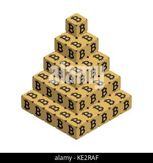 Bitcoin. Golden Large Bitcoin Pyramid. Isometric Pyramid consisting of Cubes with Black Bitcoin Sign on the Sides. Isolated Cubic Figure on White back Stock Vector