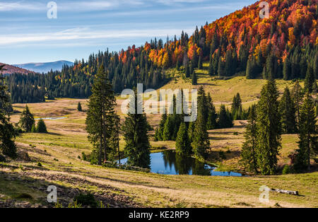 Pond in Carpathian mountains in autumn at sunrise. Mixed forest on hillsides of Apuseni National park in Romania. Bihor Mountain ridge in the distance Stock Photo