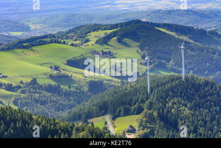 view from observation tower Eugen-Keidel-Turm at mountain Schauinsland to wind turbines, Oberried (Breisgau), Schwarzwald, Black Forest, Baden-Württem Stock Photo
