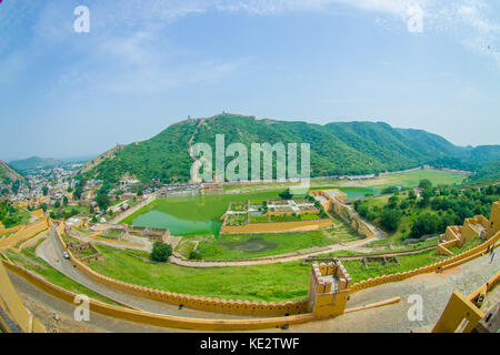 Aerial view of Amber Fort near Jaipur in Rajasthan, India. Amber Fort is the main tourist attraction in the Jaipur area, fish eye effect Stock Photo