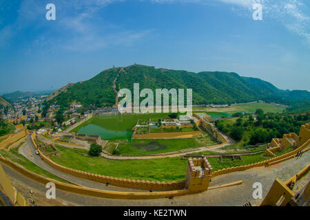 Aerial view of Amber Fort near Jaipur in Rajasthan, India. Amber Fort is the main tourist attraction in the Jaipur area, fish eye effect Stock Photo