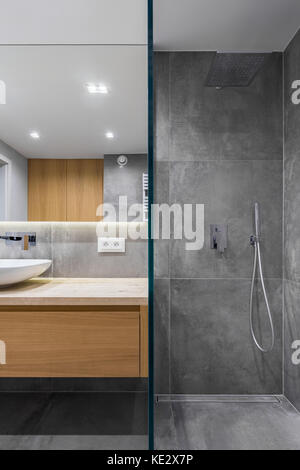 Gray bathroom with walk in shower, mirror and countertop basin Stock Photo