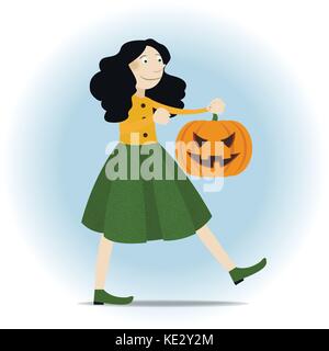 Halloween girl walking with pupmpkin cary face expression Stock Vector