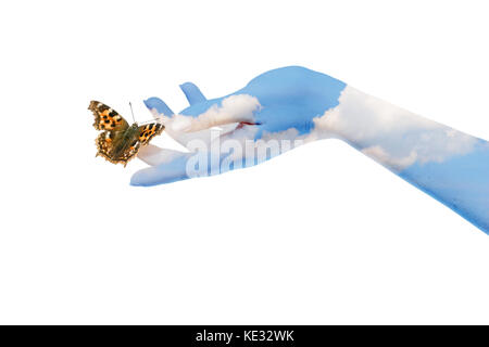 Womans hands letting the butterfly be free to go Stock Photo