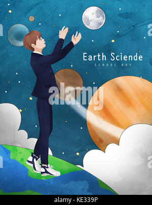 School boy standing reaching for planets Stock Photo