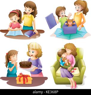 Mother and child doing different activities illustration Stock Vector