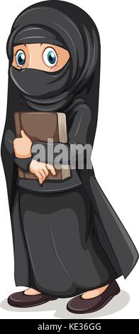 Muslim girl in black costume holding book illustration Stock Vector