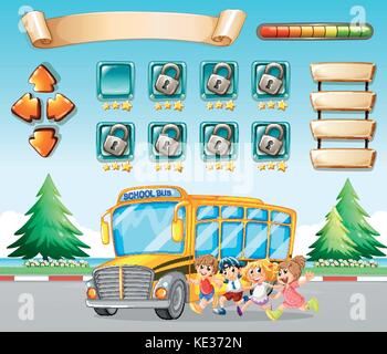 Game template with kids and schoolbus illustration Stock Vector