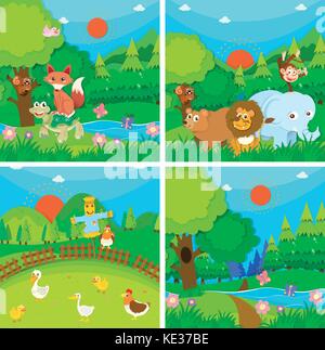 Wild animals in the forest illustration Stock Vector