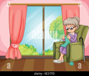 Old lady knitting at home in a rocking chair. Flat vector illustration ...