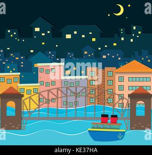 Bridge over the river scene at night illustration Stock Vector
