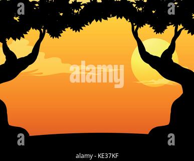 Silhouette trees with sunset background Stock Vector