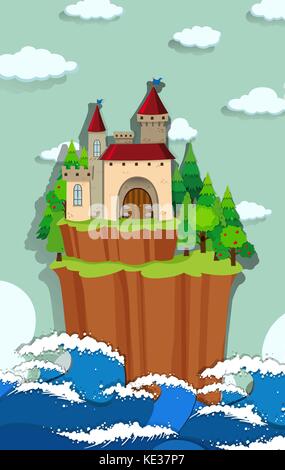 Fairytale castle on island in sea or lake. Cartoon vector landscape of ...