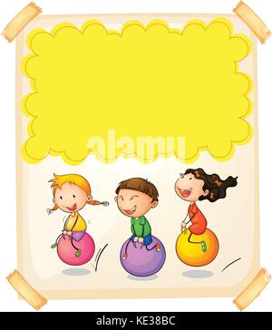 Paper design with three kids on big balls illustration Stock Vector