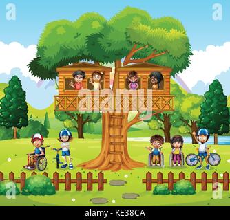 Children playing at the treehouse in the park illustration Stock Vector