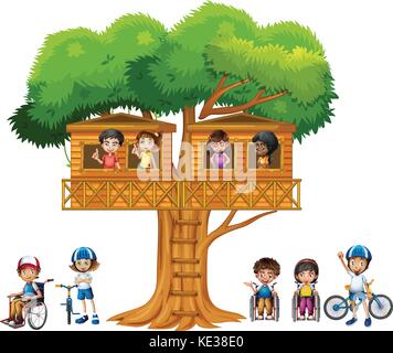 Children playing at the treehouse illustration Stock Vector