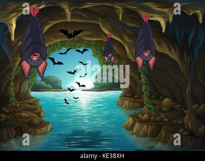 Bats living in the dark cave illustration Stock Vector