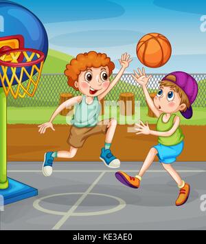 Two boys playing basketball outside illustration Stock Vector