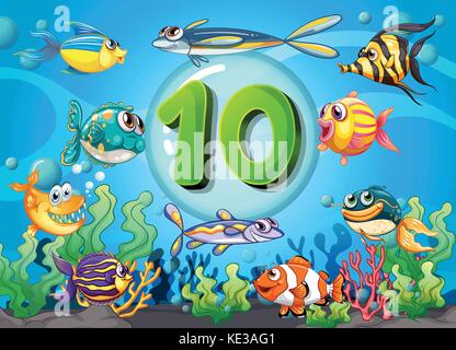 Flashcard number ten with 10 fish underwater illustration Stock Vector