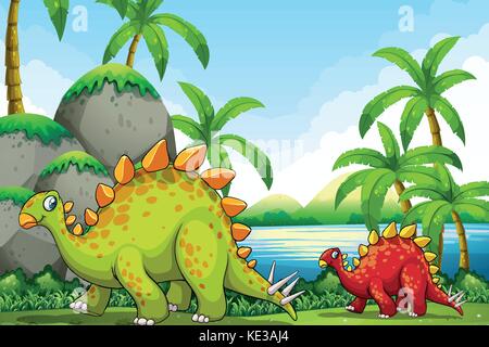 Cute dinosaurs in the park illustration Stock Vector