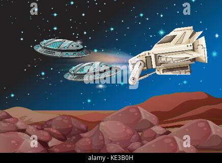 Spaceships flying over the land illustration Stock Vector