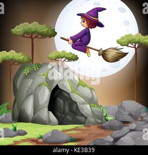 Witch flying over the cave illustration Stock Vector