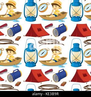 Seamless boy rowing boat and camping gears illustration Stock Vector