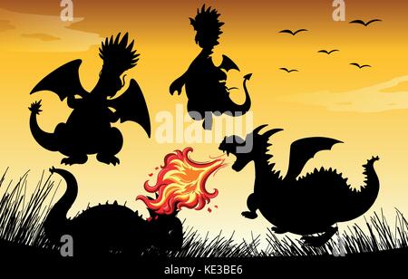 Silhouette dragon blowing fire illustration Stock Vector