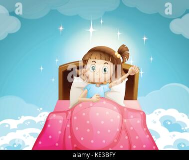 Girl sleeping in bed with sky background illustration Stock Vector