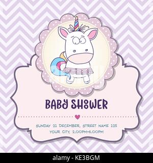 Beautiful baby shower card template with lovely baby girl unicorn, vector format Stock Vector