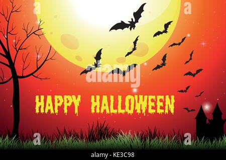 Halloween theme with fullmoon and bats illustration Stock Vector