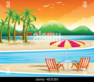 Beach scene with chairs and umbrella illustration Stock Vector