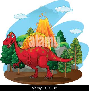 Red dinosaur with volcano behind illustration Stock Vector