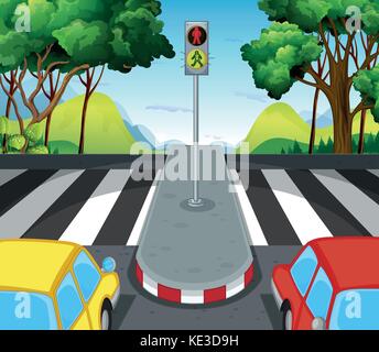 Road scene with zebra crossing and cars illustration Stock Vector