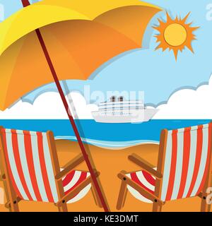 Beach scene with chairs and umbrella illustration Stock Vector